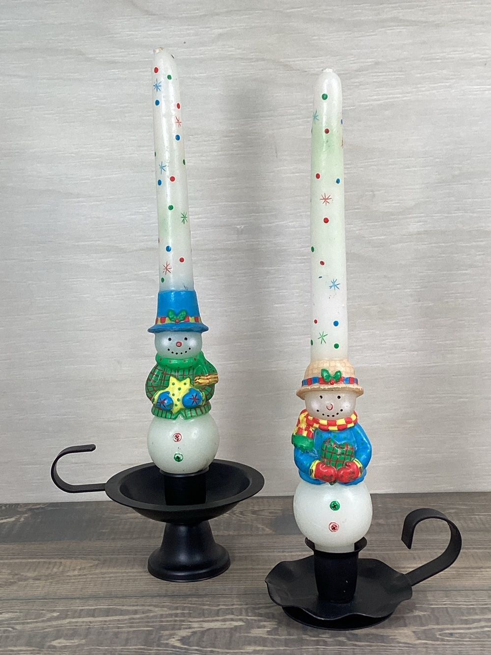 Vintage Guild House Snowman Taper Candles Black Metal Candleholders